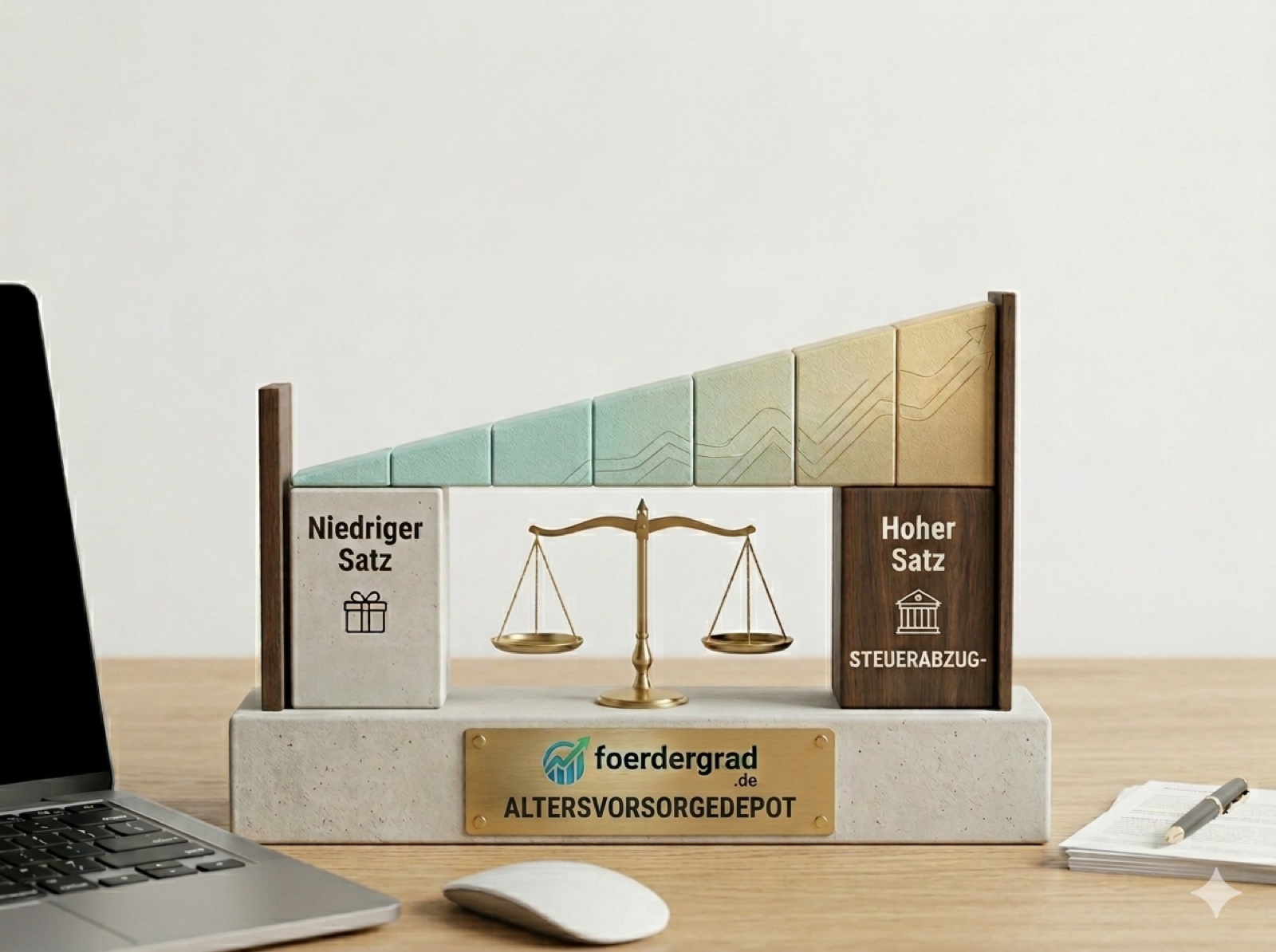 Holzwaage zwischen niedrigem und hohem Steuersatz, Schriftzug Altersvorsorgedepot auf Messingschild