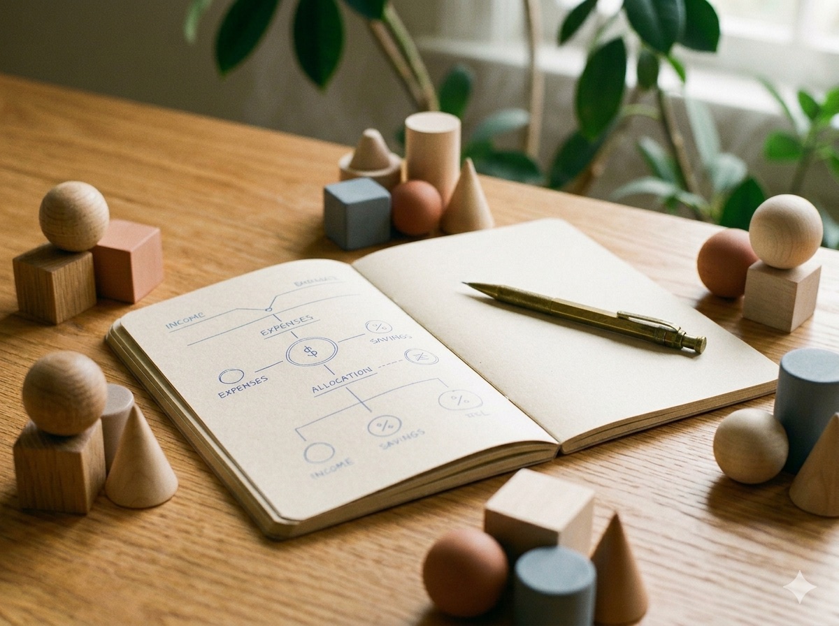 Aufgeschlagenes Notizbuch mit handgezeichnetem Budget-Flussdiagramm und Druckbleistift auf einem Holztisch, ringsum Gruppen kleiner Holzfiguren und -klötze als sinnbildliche Haushalte