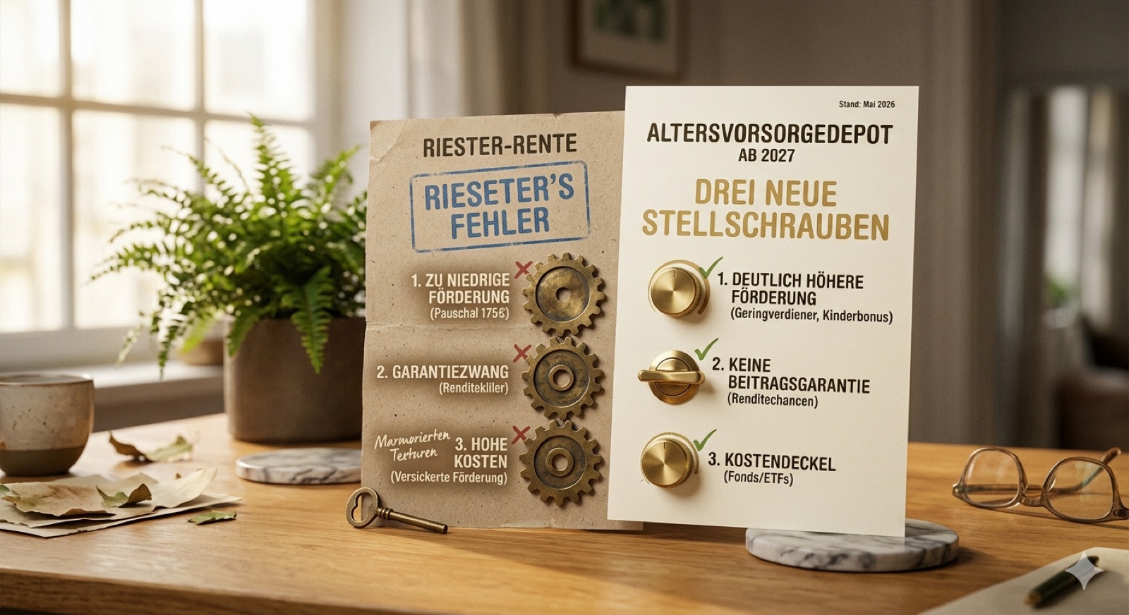 Zerknittertes Plakat Riester-Rente mit drei Zahnrädern neben einem sauberen Plakat Altersvorsorgedepot mit drei goldenen Stellschrauben