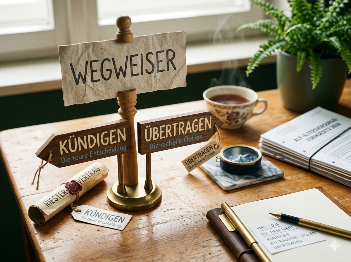 Hölzerner Wegweiser auf einem Schreibtisch mit zwei Schildern — links „Kündigen, die teure Entscheidung", rechts „Übertragen, die sichere Option" — daneben ein zusammengerollter Riester-Vertrag mit Siegel, ein Kompass und ein Notizbuch mit den drei Wegen